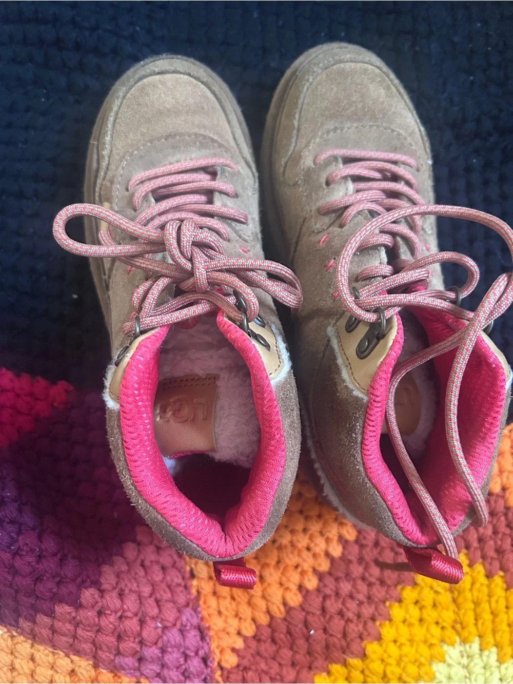 UGG Kids Brown Suede Boots with Pink Laces and Stitching